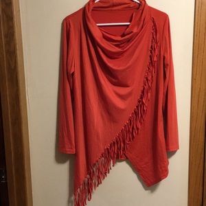 Fringed long sleeve tee shirt w/ cowl neck